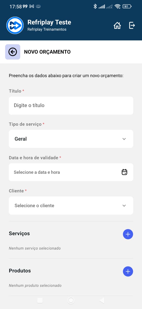 Criação de novo orçamento no app