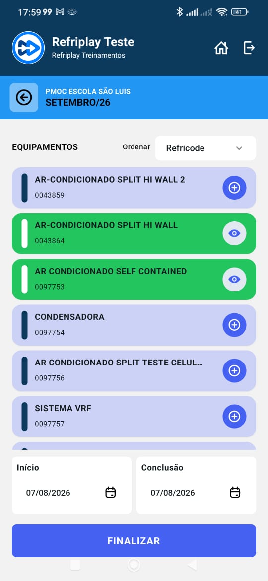 Execução de PMOC por equipamento no app