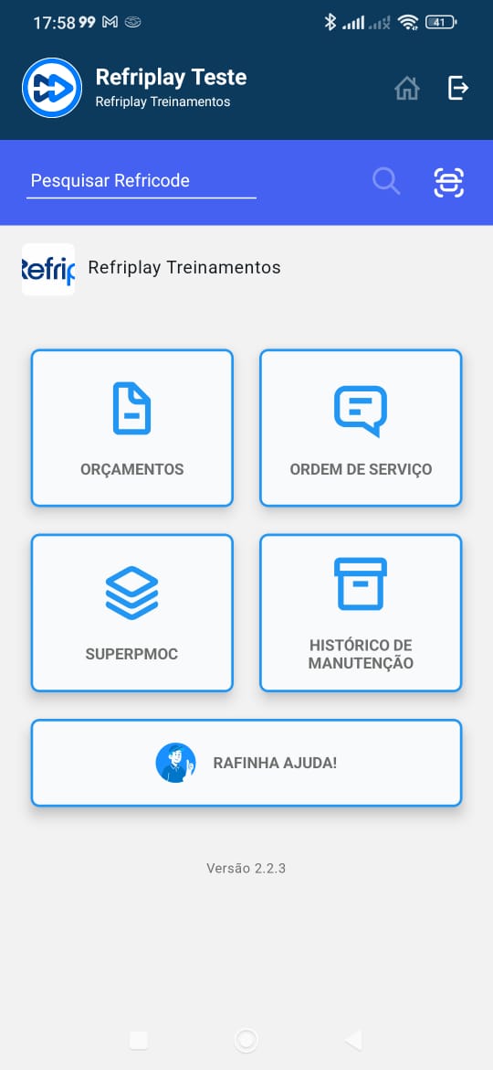 Tela inicial do app do técnico Refriplay